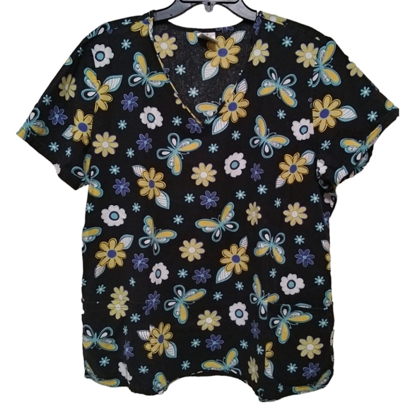 XL Scrub Shirt Short Sleeve. Flowers & Butterflies. 2 Pockets. - Picture 6 of 6